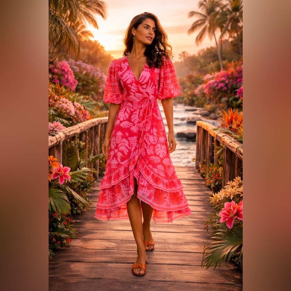 Farm Rio Jungle Scarf Wrap Midi Dress Red Size XL New With Tags